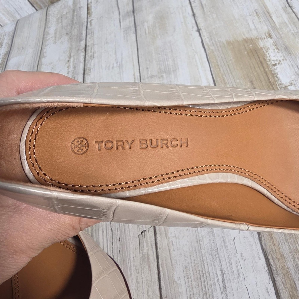 Tory Burch Eleanor Beige Croc Embossed Leather Pointed Toe Block Heel Pumps 5M - Picture 9 of 15